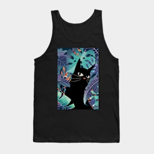 Black Cat With Monstera Leaves Tank Top